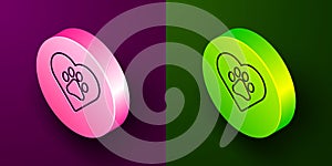 Isometric line Heart with animals footprint icon isolated on purple and green background. Pet paw in heart. Love to the animals.