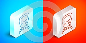 Isometric line High-speed train icon isolated on blue and red background. Railroad travel and railway tourism. Subway or