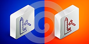 Isometric line High striker attraction with big hammer icon isolated on blue and orange background. Attraction for