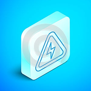 Isometric line High voltage icon isolated on blue background. Danger symbol. Arrow in triangle. Warning icon. Silver