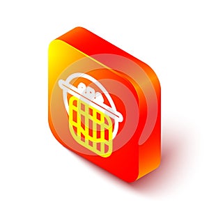 Isometric line Hockey helmet icon isolated on white background. Orange square button. Vector Illustration photo