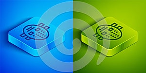 Isometric line Hockey mask icon isolated on blue and green background. Square button. Vector