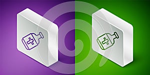 Isometric line Holy water bottle icon isolated on purple and green background. Glass flask with magic liquid. Silver