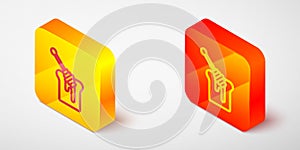 Isometric line Honey dipper stick with dripping honey icon isolated on grey background. Honey ladle. Yellow and orange