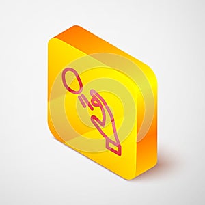 Isometric line Hooligan shooting small stones icon isolated on grey background. Demonstrator. Yellow square button photo