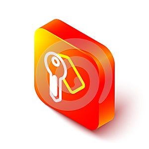 Isometric line Hotel door lock key icon isolated on white background. Orange square button. Vector