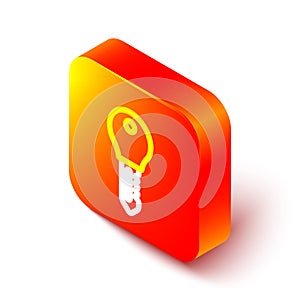 Isometric line Hotel door lock key icon isolated on white background. Orange square button. Vector
