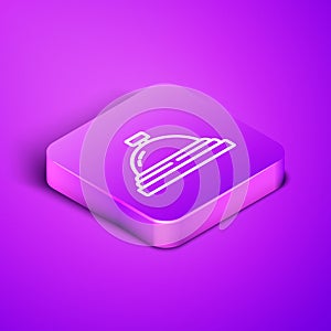 Isometric line Hotel service bell icon isolated on purple background. Reception bell. Purple square button. Vector