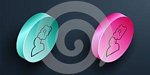 Isometric line Human head with question mark icon isolated on black background. Turquoise and pink circle button. Vector