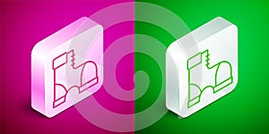 Isometric line Hunter boots icon isolated on pink and green background. Silver square button. Vector