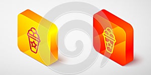 Isometric line Ice cream in waffle cone icon isolated on grey background. Sweet symbol. Yellow and orange square button photo