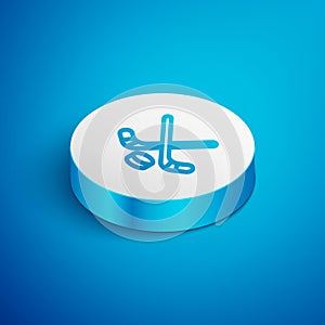 Isometric line Ice hockey sticks and puck icon isolated on blue background. Game start. White circle button. Vector