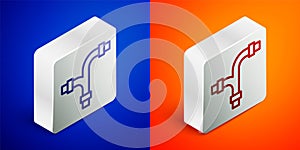 Isometric line Industry metallic pipe icon isolated on blue and orange background. Plumbing pipeline parts of different