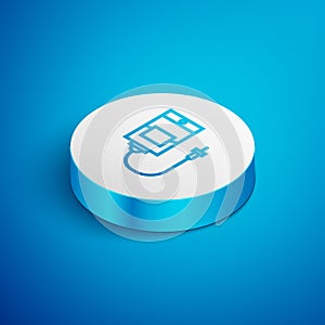 Isometric line IV bag icon isolated on blue background. Blood bag. Donate blood concept. The concept of treatment and