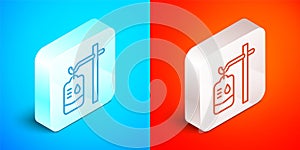 Isometric line IV bag icon isolated on blue and red background. Blood bag. Donate blood concept. The concept of