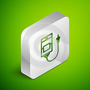 Isometric line IV bag icon isolated on green background. Blood bag. Donate blood concept. The concept of treatment and