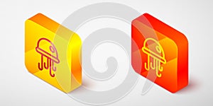Isometric line Jellyfish icon isolated on grey background. Yellow and orange square button. Vector