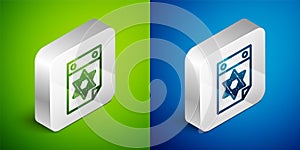 Isometric line Jewish calendar with star of david icon isolated on green and blue background. Hanukkah calendar day