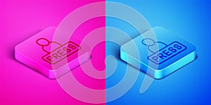 Isometric line Journalist news reporter icon isolated on pink and blue background. Square button. Vector