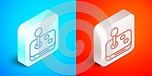 Isometric line Joystick for arcade machine icon isolated on blue and red background. Joystick gamepad. Silver square