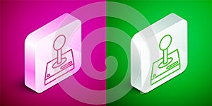 Isometric line Joystick for arcade machine icon isolated on pink and green background. Joystick gamepad. Silver square