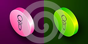 Isometric line Joystick for arcade machine icon isolated on purple and green background. Joystick gamepad. Circle button