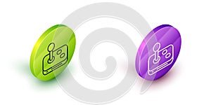 Isometric line Joystick for arcade machine icon isolated on white background. Joystick gamepad. Green and purple circle