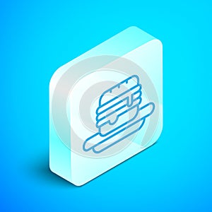 Isometric line Junk food icon isolated on blue background. Prohibited hot dog. No Fast food sign. Silver square button