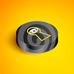 Isometric line Keyhole with eye icon isolated on yellow background. The eye looks into the keyhole. Keyhole eye hole