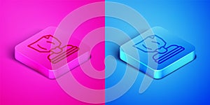 Isometric line Kidnaping icon isolated on pink and blue background. Human trafficking concept. Abduction sign. Arrested