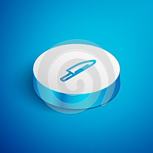 Isometric line Knife icon isolated on blue background. Cutlery symbol. White circle button. Vector