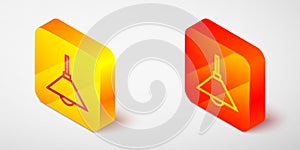 Isometric line Lamp hanging icon isolated on grey background. Ceiling lamp light bulb. Yellow and orange square button