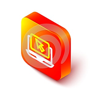 Isometric line Laptop and cursor icon isolated on white background. Computer notebook with empty screen sign. Orange