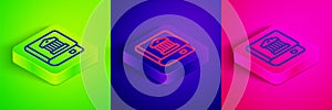 Isometric line Law book icon isolated on green, blue and pink background. Legal judge book. Judgment concept. Square