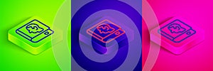 Isometric line Law book icon isolated on green, blue and pink background. Legal judge book. Judgment concept. Square