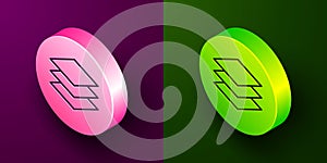 Isometric line Layers clothing textile icon isolated on purple and green background. Element of fabric features. Circle photo