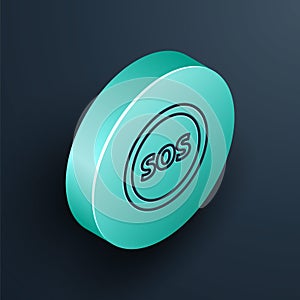 Isometric line Location with SOS icon isolated on black background. SOS call marker. Map pointer sign. Turquoise circle