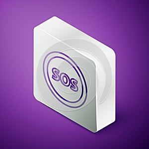 Isometric line Location with SOS icon isolated on purple background. SOS call marker. Map pointer sign. Silver square