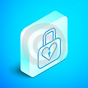 Isometric line Lock and heart icon isolated on blue background. Locked Heart. Love symbol and keyhole sign. Valentines