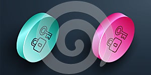 Isometric line Lock with key icon isolated on black background. Love symbol and keyhole sign. Turquoise and pink circle