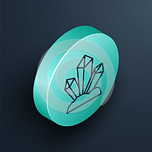 Isometric line Magic stone icon isolated on black background. Fantasy crystal. Jewelry gem for game. Turquoise circle