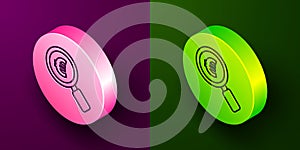 Isometric line Magnifying glass and euro symbol icon isolated on purple and green background. Find money. Looking for