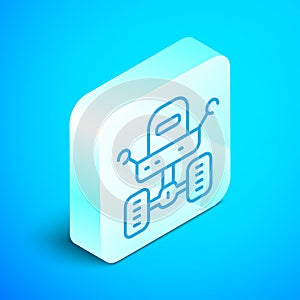 Isometric line Mars rover icon isolated on blue background. Space rover. Moonwalker sign. Apparatus for studying planets surface.