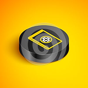 Isometric line Medical book icon isolated on yellow background. Black circle button. Vector