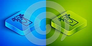 Isometric line Medusa Gorgon head with snakes greek icon isolated on blue and green background. Square button. Vector