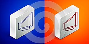 Isometric line Megaphone icon isolated on blue and orange background. Speaker sign. Silver square button. Vector