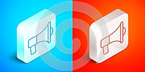 Isometric line Megaphone icon isolated on blue and red background. Speaker sign. Silver square button. Vector