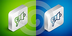 Isometric line Megaphone icon isolated on green and blue background. Speaker sign. Silver square button. Vector
