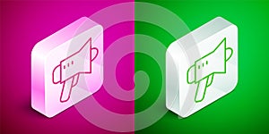 Isometric line Megaphone icon isolated on pink and green background. Speaker sign. Silver square button. Vector