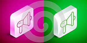 Isometric line Megaphone icon isolated on pink and green background. Speaker sign. Silver square button. Vector